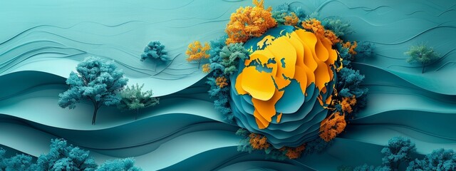 Wall Mural - A globe with a paper cut-out style, featuring layered, textured elements.