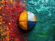 © Lamina - colorful soccer ball, divided into sections of red, yellow, blue, and green, lies on a textured background of vibrant paint splashes in similar hues, creating an artistic and lively scene.