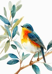 watercolor clipart, cute bird on a branch with leaves, soft blue and orange colors