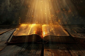 Poster - an open book on a wooden table with a bright light shining from within
