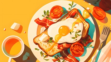 Wall Mural - Sunny Breakfast with Egg, Bacon, and Toast.