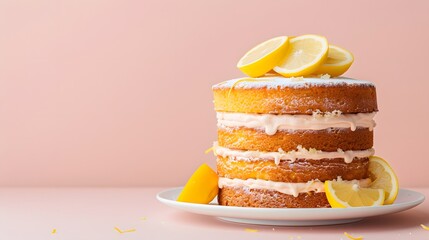 Lemon Cake with Cream Cheese Frosting on a Pink Background.