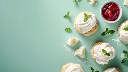 Wall Mural - Whipped Cream Dessert with Mint and Jam.