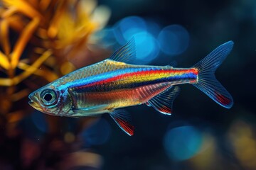 Vivid Neon Tetra Fish: Close-up Macro Shot with Vibrant Blue and Red Stripes under Natural Light