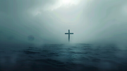 Wall Mural - Silhouette of a solitary cross in the middle of the misty sea.