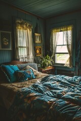 Poster - Cozy bedroom scene with a bed and a window, suitable for use in lifestyle or travel photography
