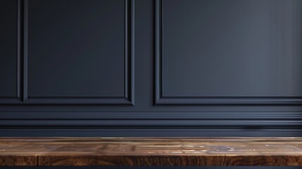 Wall Mural - Direct View of Dark Blue Wall with Moldings and Close-Up of Wooden Table in Foreground