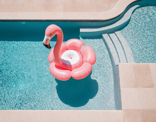 Wall Mural - inflates pink pelican shape in summer pool