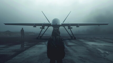 A lone figure facing a combat drone, representing defiance against technological warfare