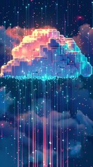 Poster - A pixelated cloud dissolving into a rain of data, representing the ephemeral nature of cloud storage