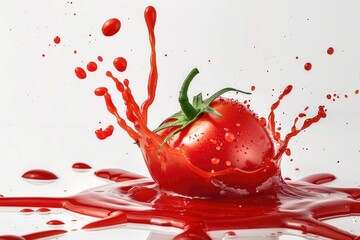 Poster - A juicy tomato splashes onto a clean white surface