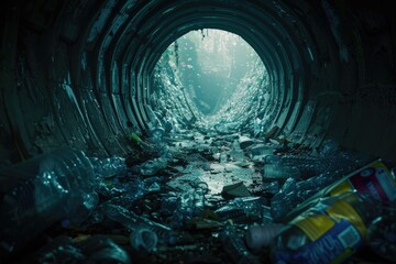 Poster - A dark tunnel filled with trash and water, great for use in scenes about pollution, environmental issues or urban decay