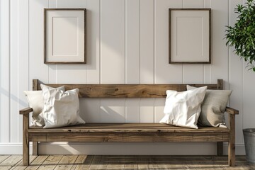 Aufkleber - A wooden bench sits next to a potted plant, perfect for outdoor or indoor use