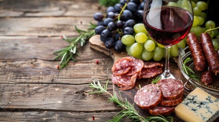 Wall Mural - Red wine snacks wooden table with glass of wine blue cheese sausage grapes rosemary simple and delicious food space for text