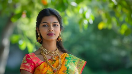 Wall Mural - Young Indian woman wearing a vibrant, traditional sari