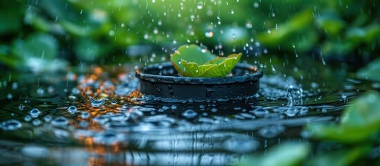 Wall Mural - Raining on a Green Leaf in a Black Pot