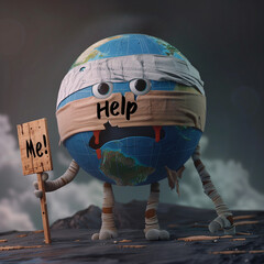 an animated earth with bandages and a sad face, holding a sign that says help me