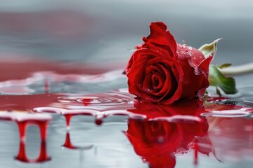 Wall Mural - A single red rose sitting on top of a small puddle of water, creating a beautiful and peaceful scene