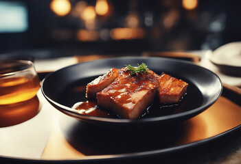 Wall Mural - Gochujang-marinated pork belly with ssamjang on a sleek black plate with a glass of soju in a high-end Korean barbecue restaurant
