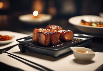 Wall Mural - Gochujang-marinated pork belly with ssamjang on a sleek black plate with a glass of soju in a high-end Korean barbecue restaurant
