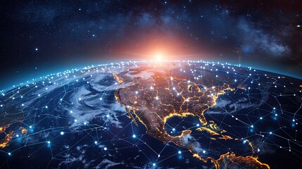 Canvas Print - Digital world globe centered on USA, concept of global network and connectivity on Earth, data transfer and cyber technology, information exchange