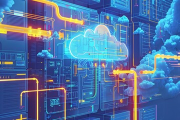 Poster - Security-focused cloud blueprint, emphasizing firewalls, encryption modules, access control gates, drawn in a bold style