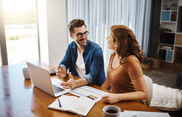 Poster - Couple, smile and laptop in home for plan with document, mortgage or rent or savings. Man, woman or house with computer for payment on property loan with growth, profit on investment with real estate