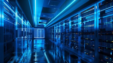 Poster - Corridor in working data center with rack servers and supercomputers displaying high-danger skull icons.