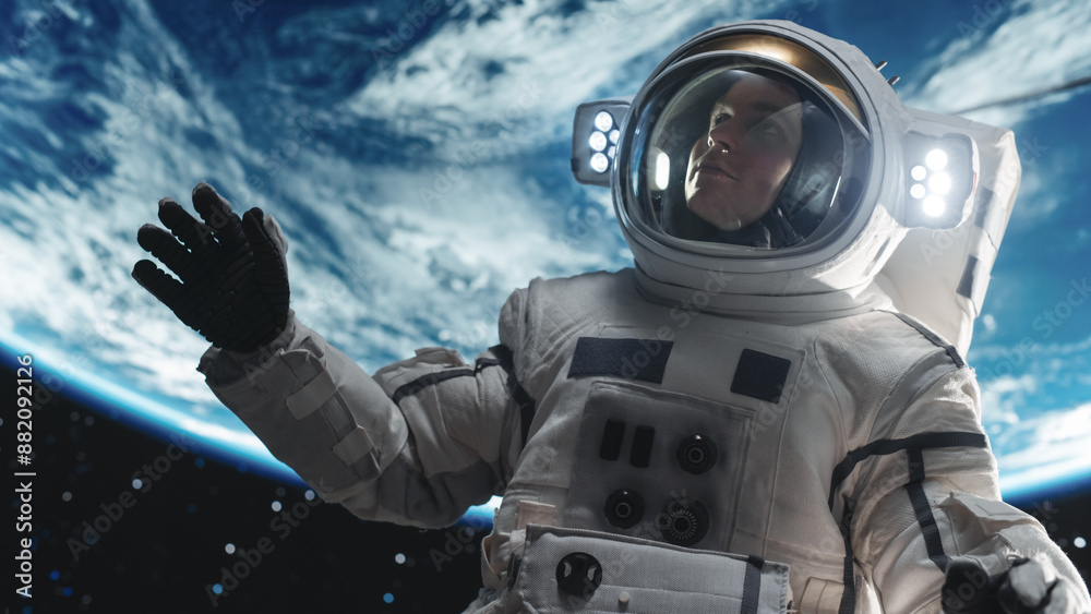 Portrait of Brave Astronaut Floating Outside a Spaceship. Professional ...
