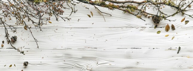 Natural Scandinavian style winter banner with twigs, lichens, and dry leaves, flat lay / top view and distressed white wood background