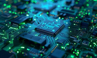 Poster - this is an abstract high tech electronic pcb (printed circuit board) background in blue and green co