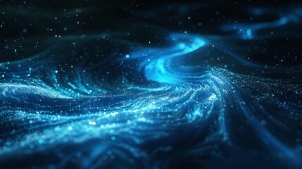 Poster - Wave flow of blue colored digital particles with lighting. Abstract background concept with copy space.