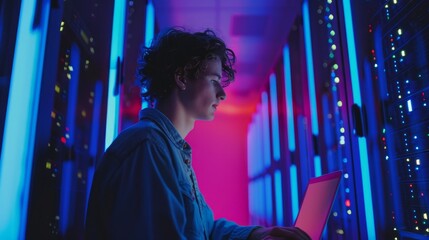 Poster - A shot of an Asian IT specialist using a laptop in a data center full of rack servers. Blue Neon concepts of binary data transfer are projected onto the screen.