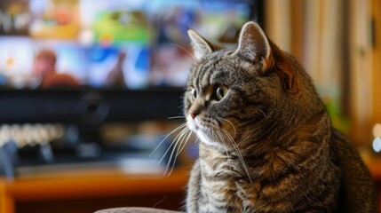 Poster - A hefty cat sitting in front of a TV, seemingly watching the screen with interest.