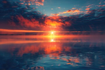 Horizon Sunrise. Stunning red dawn over the lake with sun rays piercing through fog