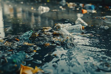 Poster - A collection of trash and debris floats on the surface of a puddle of water