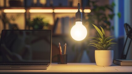 Poster - A modern LED light bulb emitting bright, energy-efficient light, illuminating a workspace.