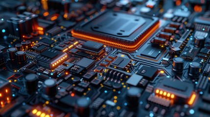 Poster - Close-up of a Motherboard with Glowing Components