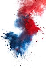 Poster - A vibrant red and blue powder cloud suspended in mid-air against a clean white background, great for use in designs related to chemistry, science, or art