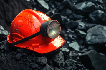 Coal Miner with Head Lamp in Orange Hard Hat Working in Tunnel