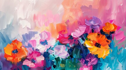 The abstract is composed of a colorful acrylic and watercolor flower brushstroke painting backed by canvas texture.