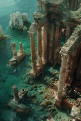 Poster - Photography of ancient Greek city ruins surrounded by water, perfect for historical or travel-related uses