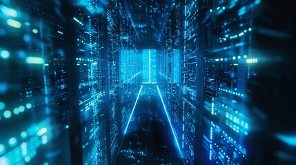 Poster - The corridor in a working data center is filled with racks of servers and supercomputers, with high internet projections.