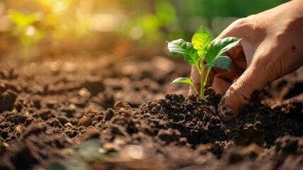 Poster - A person digging a hole in fertile soil, preparing to plant a young sapling with care.