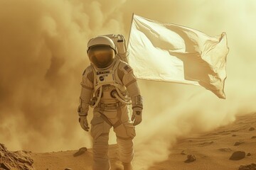 Wall Mural - Astronaut Exploration: Mars Surface with Flag in Hand