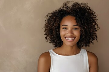 Wall Mural - An elegant, natural-looking girl in white basic clothing is isolated on a white background.