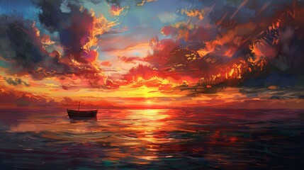 Wall Mural - As the sun dips below the horizon, the sea reflects the stunning colors of the sky.