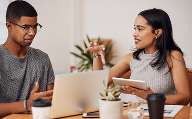 Leinwandbilder - Business people, meeting or technology in office for brainstorming, teamwork or planning project. Talking, startup company or discussion in conference room for agenda, ideas or collaboration together