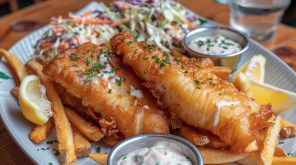 Sticker - A plate of golden fish and chips served with tartar sauce, lemon wedges, and a side of coleslaw.