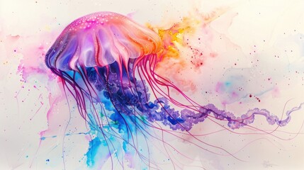 Poster - A vibrant jellyfish covered in colorful paint splatters, perfect for use in designs related to ocean life, art, or creativity